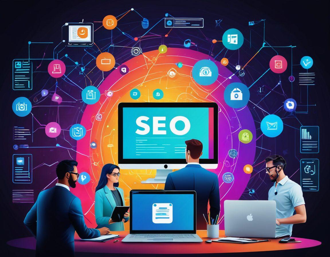 A dynamic illustration of a futuristic digital ecosystem showcasing interconnected devices, websites, and user interfaces. Highlight tools like SEO, analytics, and social media icons converging towards a vibrant, user-friendly interface. Include diverse professionals collaborating smoothly in the foreground. Vibrant colors, digital painting style.